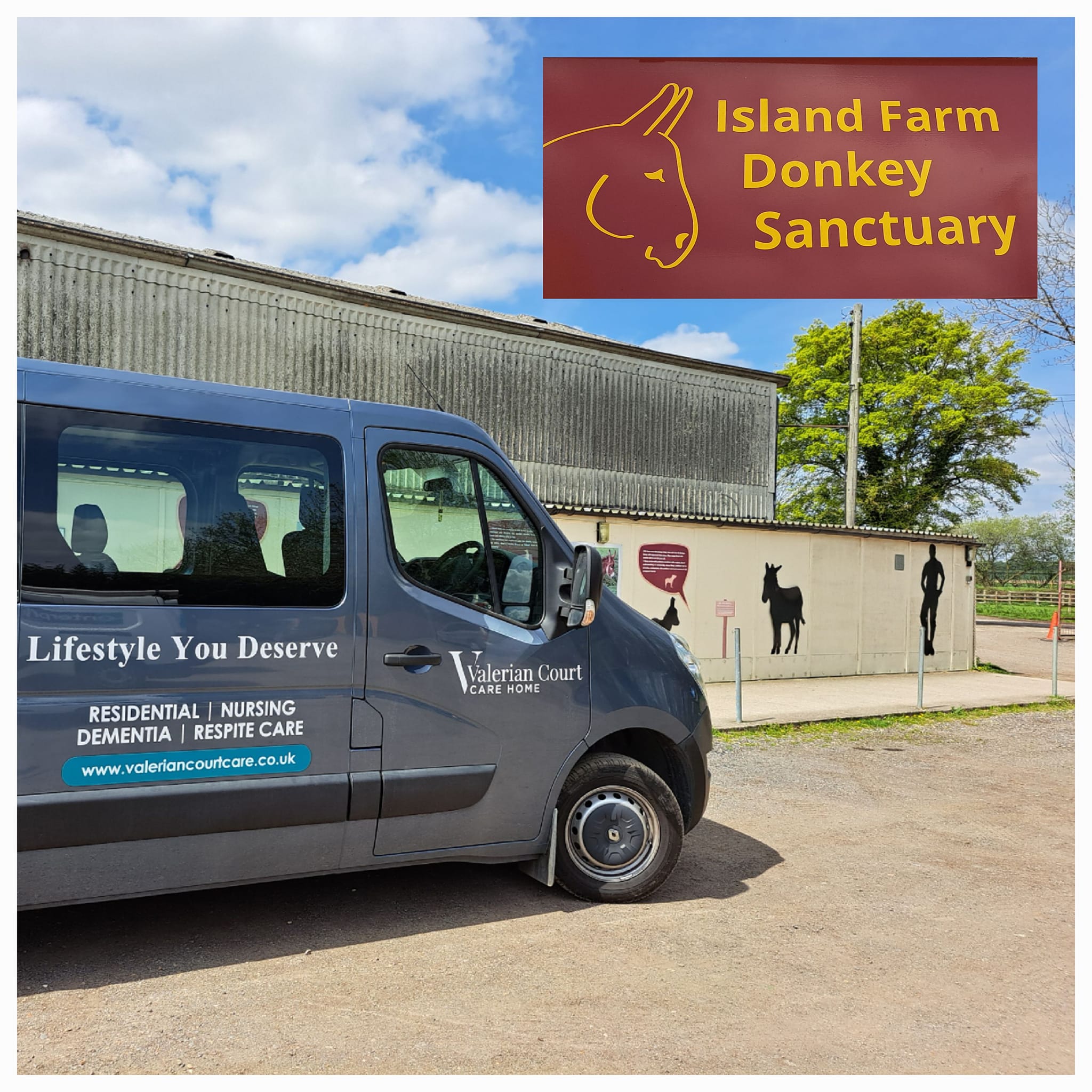 Valerian Court mini van outside the Island Farm Donkey Sanctuary.