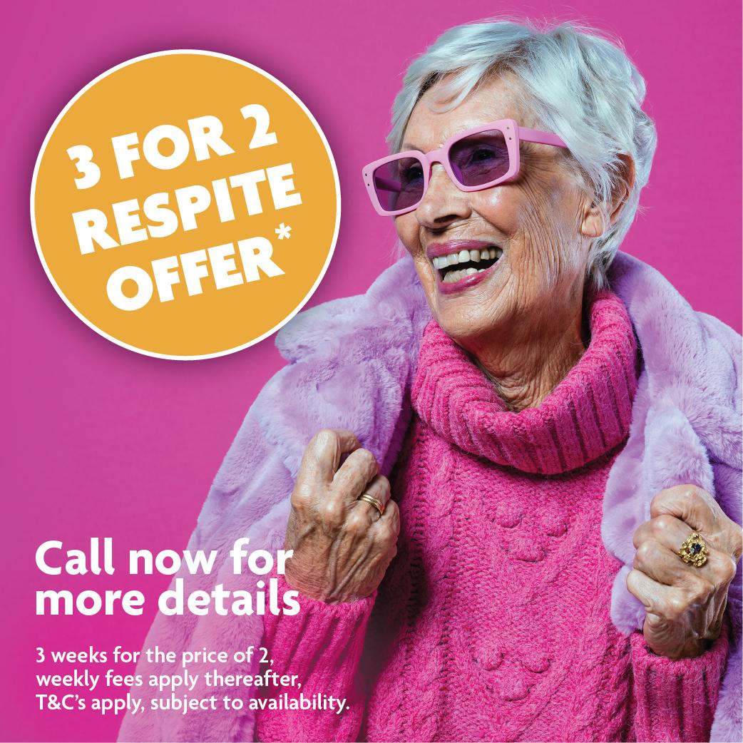 3 for 2 winter respite offer poster with a pink background and an elderly woman with a pink jumper on smiling